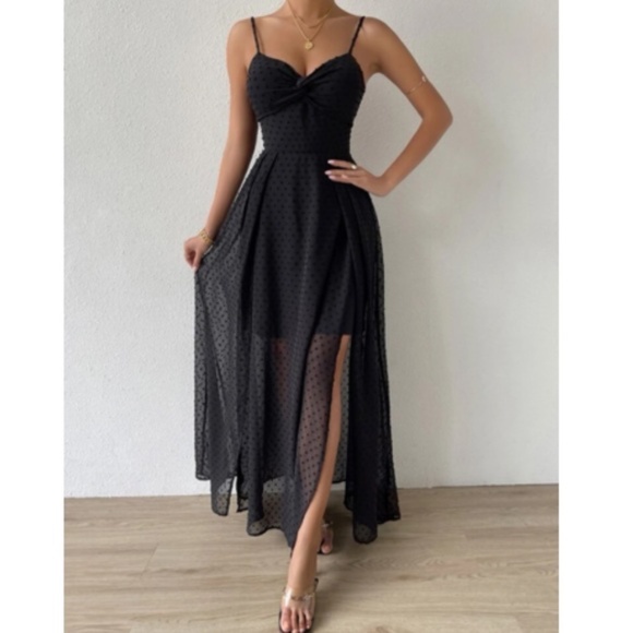Luxe Swiss Dot Split Hem Cut Out cami Maxi Dress